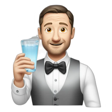 tim robinson dark black slicked back hair white long sleeve shirt with a light grey vest pouring water on a steak sticker