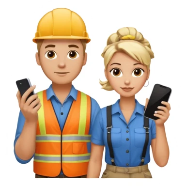 White male construction electrician and pretty blond office hair stylist with a bun holding phone sticker