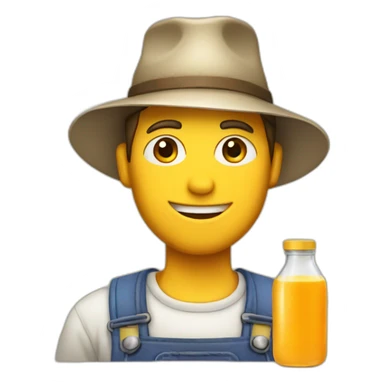 male farmer with hat and juice bottle sticker