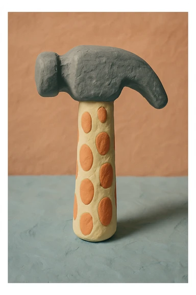A claymation hammer with a patterned handle and a textured metallic head, matte texture with visible fingerprints, pastel colors sticker