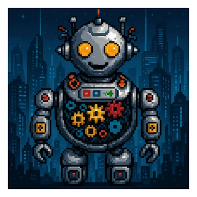 Add a futuristic city background, keep the robot with gears and data streams as the main subject, maintain pixel art style sticker