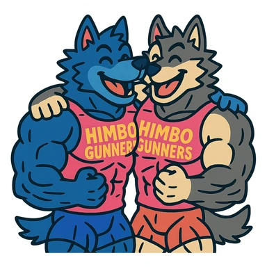 pair of ultra-muscular wolf furries wearing 'Himbo gunners' t-shirts, hugging, cheerful and energetic, very large and defined muscles sticker