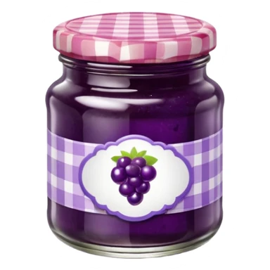 small glass jar filled with vibrant purple jam, thick texture with air bubbles and fruit bits, gingham-patterned lid, small blank label, 3D, clean, soft lighting, glass reflections, soft shadows, no anthropomorphic features, transparent background, emoji scale sticker