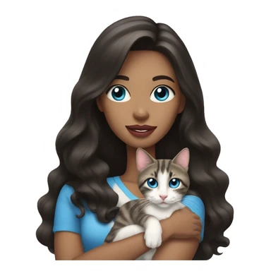 woman with long dark hair, pink lips,and blue eyes holding a tabby cat sticker