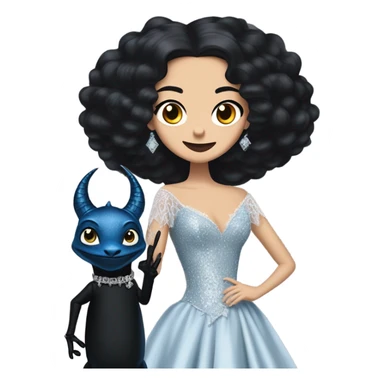 relaxed low-cut back silky black evening ball gown with lace gloves, Jenna Ortega as Addams woman wearing a mini diamond tiara, very large blood blue cute horned old dragon hand puppet sticker