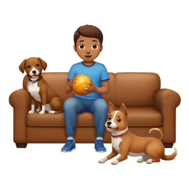 kid and dog playing with ball, living room background sticker