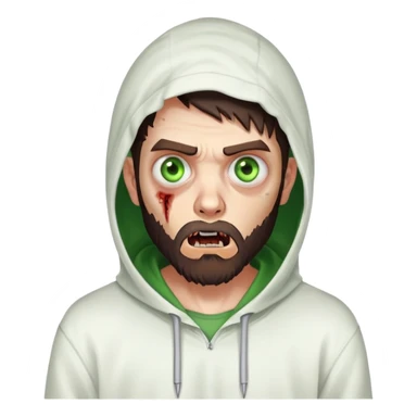 zombie with shocked expression, undercut hairstyle with dark brown hair, short full beard, heterochromia with one green eye and one brown eye, wearing plain white hoodie sticker