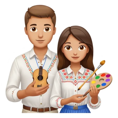a guy in a white Ukrainian embroidered shirt and a girl in a white Ukrainian embroidered shirt, holding music and a paint palette sticker
