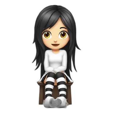 Frontal view curvy emo girl sits white skirt striped stockings hands up sticker