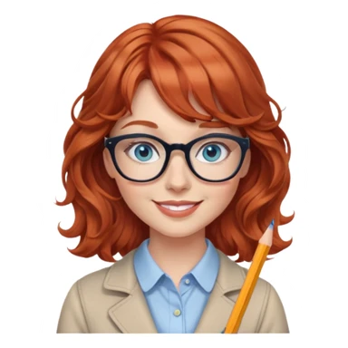 redheaded woman with wavy hair and bangs, blue eyes, glasses, chic outfit, holding a pencil, smiling sticker