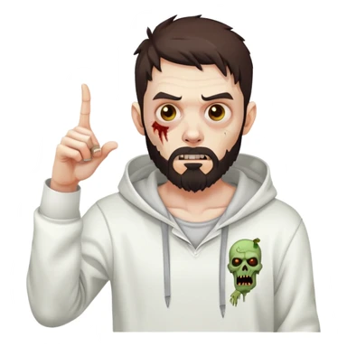 zombie pointing finger, undercut hairstyle with dark brown hair, short full beard, wearing plain white hoodie sticker
