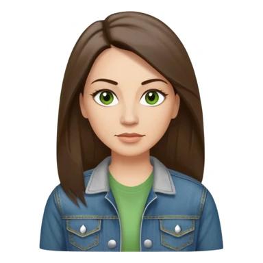 43 year old Adult woman avatar, light skin tone, long, oval face, long straight ashy brown hair, green almond-shaped eyes with dramatic eyelashes and minimal eyeliner, neutral mouth, medium straight eyebrows, small nose, smooth skin,  white t shirt, denim jacket sticker