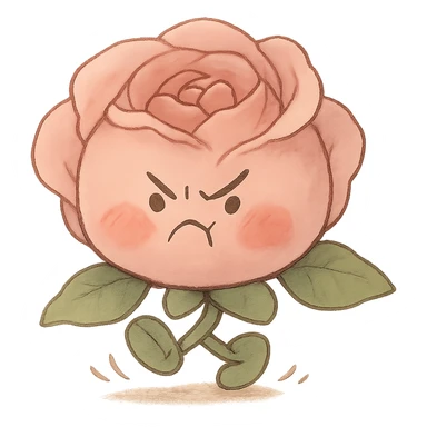 soft pink rose flower with puffed cheeks and an angry pouty face, stomping adorably, pastel tones, chibi round shape, soft Ghibli style sticker