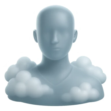 person looking straight ahead, shoulders filled with puffy white clouds, matte glass style sticker