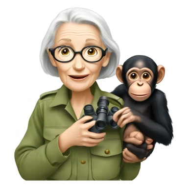 Jane Goodall with binoculars and a baby chimpanzee sticker
