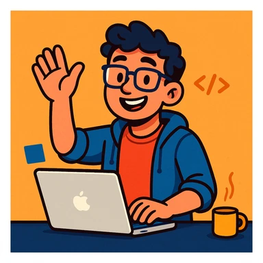 a young developer working on a MacBook, looking up and waving with a friendly smile, casual modern style, clear facial expression, digital art sticker