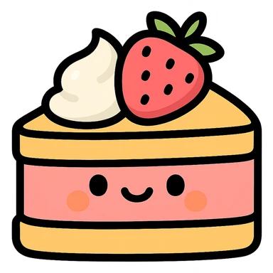 cute strawberry cake with whipped cream, smiling face, kawaii, soft light, hand-drawn look sticker
