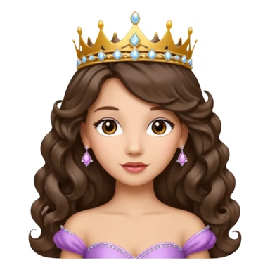 Princess with long glam curled hair, dark brown eyes, light skin tone.  sticker