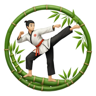 An icon symbolizing Eastern martial arts in the style of an emblem, with a black-and-white Yin-Yang symbol at the center. The design shows a martial artist performing a graceful kick, surrounded by bamboo and traditional elements. Transparent background emphasizes balance and harmony. sticker