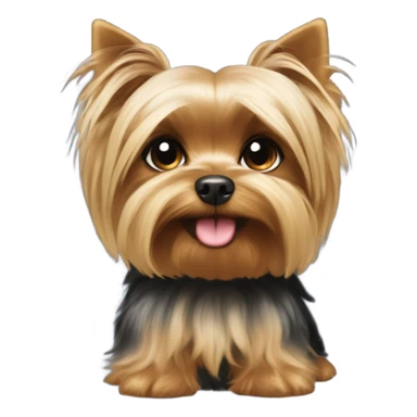 A small Yorkshire Terrier with fluffy golden-fur, black back, round face, perky ears, dark eyes, a small nose, and often a top bow or hair tie. Name Molly sticker