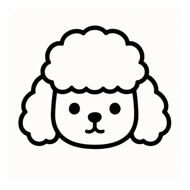 kawaii minimalist cartoon dog head inspired by poodle with round, fluffy head, curly droopy ears, wide-set dot eyes, tiny round nose, upside-down 'Y' mouth. thick, bold black lines only, white background, no color or shading. calm, gentle, symmetrical, and cozy. slight hand-drawn feel, very polished, perfect for stickers or coloring books. sticker