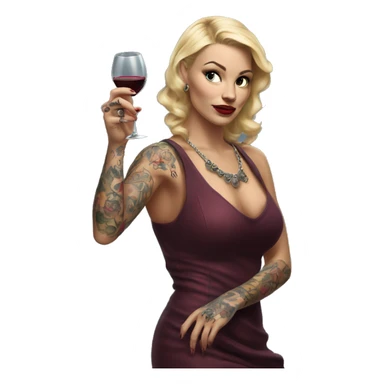 Blonde elegant women, her Body Covered with Tattoos, Wine in her ONE Hand, Pointing Forward with her Other Hand , Hyper realistic sticker