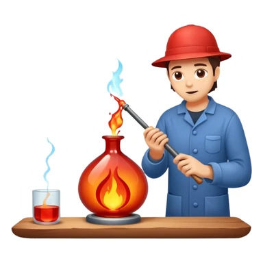 Glassblowing and casting icon, molten glass being shaped into a delicate object with a blowpipe, glowing red-hot glass being poured into a mold, unfinished glass sculpture, minimalistic style, clean lines, transparent background. sticker