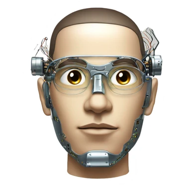 Male cyborg head with metallic plated face, flat top, glasses and circuits sticker