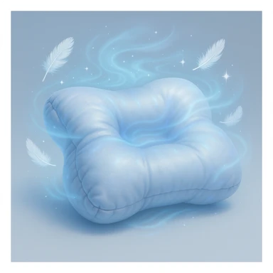 magical ethereal pillow shimmering with cool silver and icy blue light, swirling gently like mist, soft airy feathers floating around it glowing with tiny sparkles, soothing frost aura radiating from the pillow symbolizing refreshing coolness, waves of gentle supportive energy cradling a person's neck and head banishing pain like an enchanted spell creating peaceful dreamy sleep under a starlit sky sticker