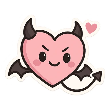devil emoji, chibi style, pastel pink and black colors, heart-shaped face, tiny horns, cute but mischievous expression, heart motif sticker
