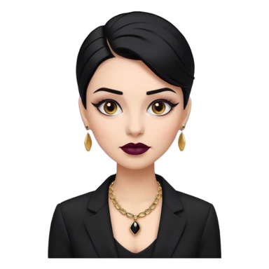 “Emoji girl, sculpted contour, bold dark lipstick, defined brows, sharp eyeliner, sleek black hair updo, statement necklace, black blazer.” sticker