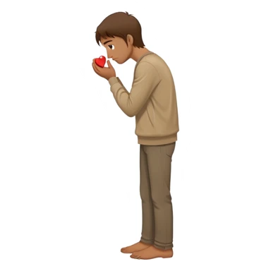 a man with brown hair staying in a
full height in profile with anxiety and begging face with a broken heart sticker