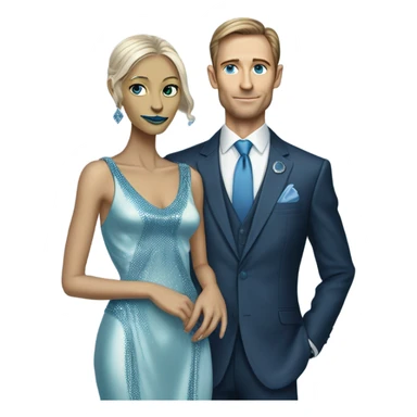 alien reptilian woman in long slim pastel blue formal party satin dress with gradient shiny sparkling navy blue diamonds embroidered , and caucasian man in black dress sticker