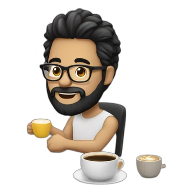 Designer with black hair, beard and glasses working with MacBook and drinking cappuccino  sticker