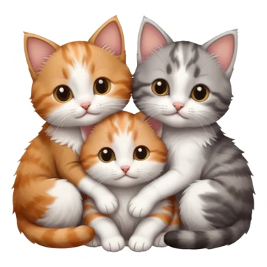 3 very small kittens cuddling together all different colours, the first one is grey and white, the second is ginger and white and the third is brown tabby and white sticker