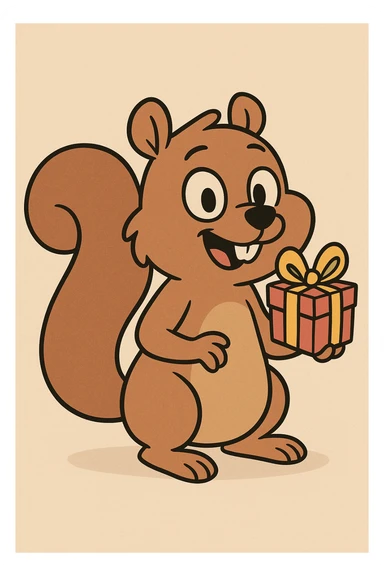 cute and simple squirrel with a wrapped gift in one paw, playful and friendly sticker