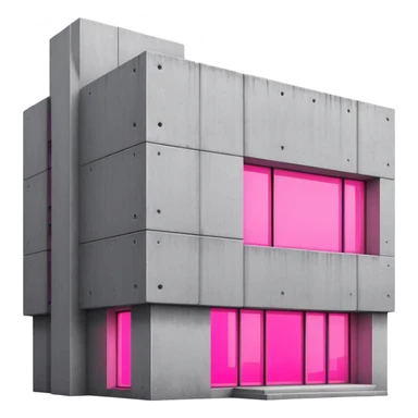 Minimalist gray concrete building with one window glowing bright pink, brutalist architecture sticker