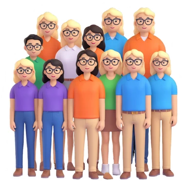 8 people, 5 of which are girls, one with glasses, another Asian, another short, and four guys, one tall and blond, the other two with long hair and one tall and of average build sticker