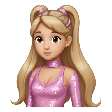 Ariana Grande with long dark blonde ponytail hair, light pink sequin outfit sticker