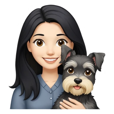 A smilling woman with long black hair holding a blonder Schnauzer sticker