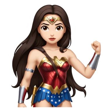Create a girl with long dark brown straight hair that looks like wonder woman of the social media world sticker