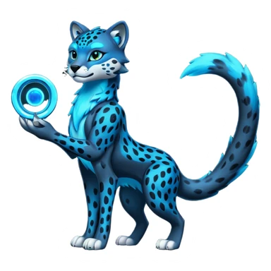Obsidian-black fur body with bioluminescent neon glowing blue ring-markings Grem2-Gremz-Cheetah-Sergal-fusion, full body  sticker