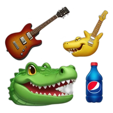 Crocodile with guitar and a bottle with pepsi sticker