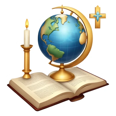 An icon featuring a holy book, a candle, and a cross, symbolizing religious studies. The design includes a globe with various religious symbols: a crescent moon and star (Islam), a lotus flower (Buddhism), representing global belief systems. Transparent background. sticker