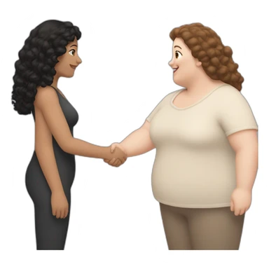 tan chubby woman with black curly hair shakes hands with a chubby pale woman who has straight light brown hair sticker