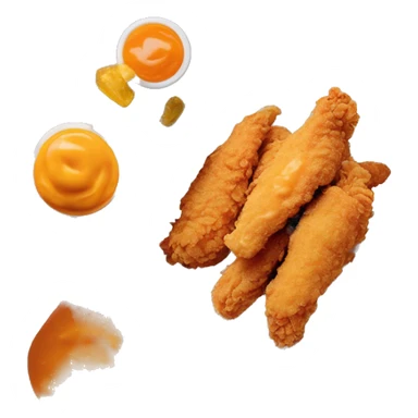 3 chicken tenders with crinkle fries and orange sauce on the side in a styrofoam container styrofoam container sticker