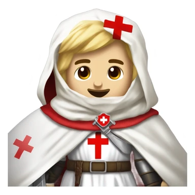 blond haired Masonic knight Templar wearing a white tunic with a Red Cross on the front and a white mantle with a hood with a Red Cross on the left side and a male face with a red cap and holding a sword. sticker