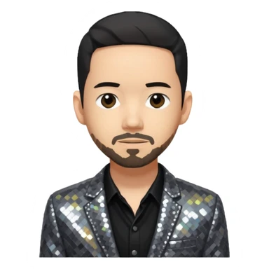 Mike Shinoda with sequin gray suit jacket with black shirt sticker