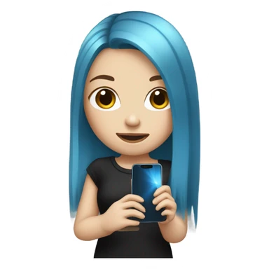 white skin girl with long blue hair in black clothes holding a phone sticker