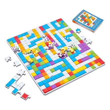 A photorealistic icon with a colorful, fragmented crossword magazine, a 3D puzzle, and a partially completed puzzle on a table. Bright, detailed design with realistic lighting. Transparent background, clearly symbolizing puzzles and brain games. sticker